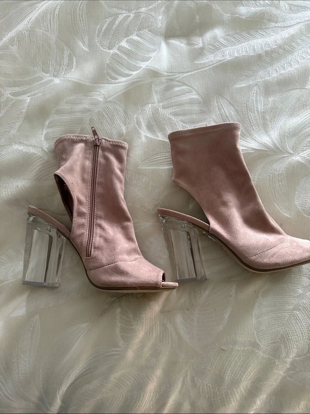 Women's Blush Pink Peep-Toe Sock Booties with Clear Block Heel